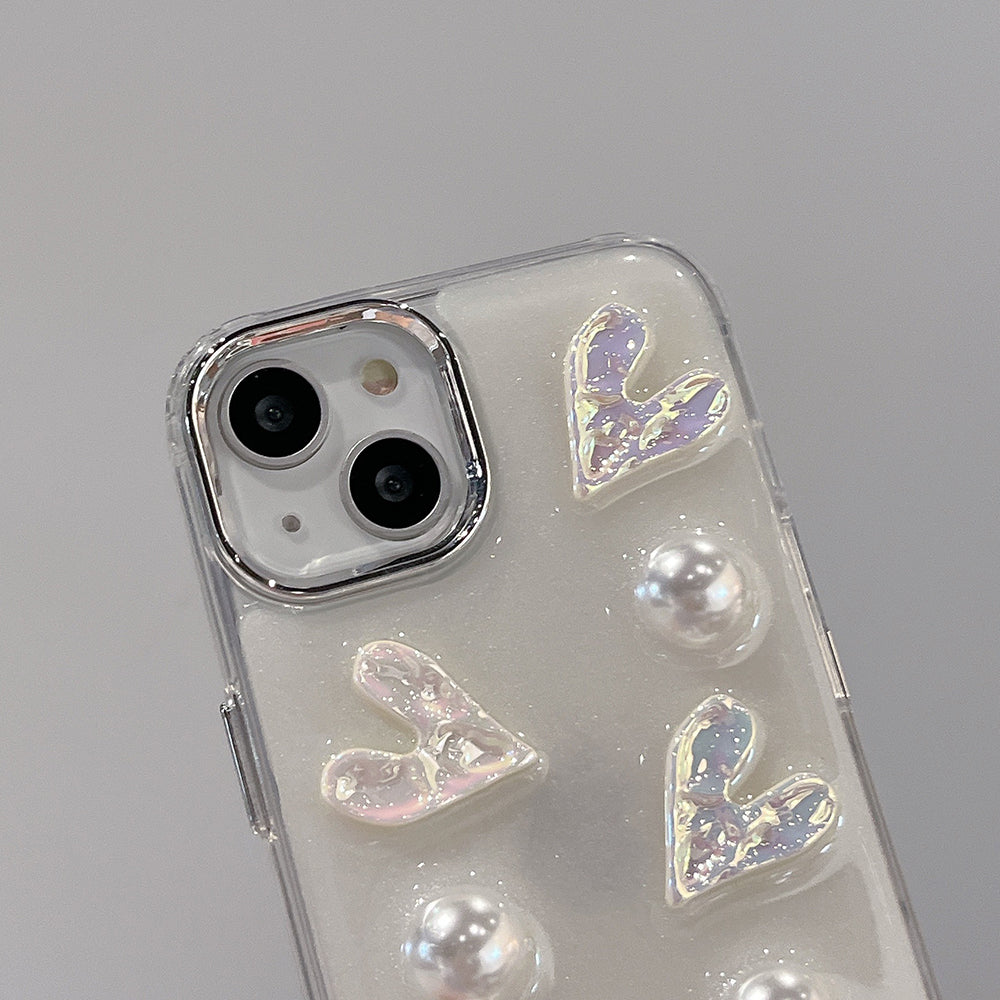 For iPhone 14 Laser Hearts Cell Phone Case Electroplating Hard Acrylic TPU Phone Cover with Pearl Decor For iPhone 14 Laser Hearts Cell Phone Case Electroplating Hard Acrylic TPU Phone Cover with Pearl Decor